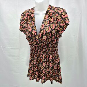 ACE Fashion Boho Peasant Blouse Tunic Top Pink Black Gold Smocked Waist V-Neck L